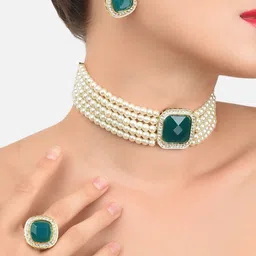 Zaveri Pearls Gold-Plated & Green Stone-Studded & Pearls Beaded Jewellery Set-19