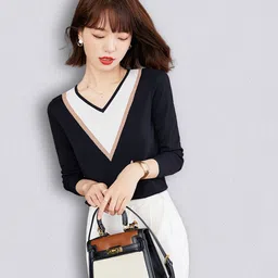 JC Collection Women Navy Blue & White Colourblocked Pullover Sweater-image-84