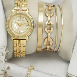 JOKER & WITCH Women Cream Embellished Dial & Gold Toned Watch With Bracelet & Ring-JWLT700-image-55