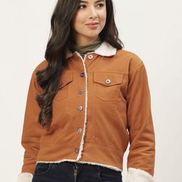 BROOWL Women Rust Solid Pure Cotton Denim Jacket-picture-31