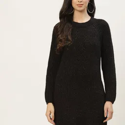 BROOWL Women Black Striped Longline Pullover-image-34