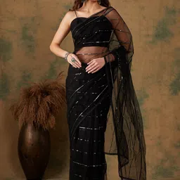 Sangria Striped Embellished Sequinned Net Saree image 3