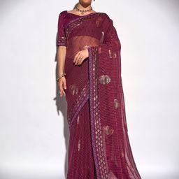 Kalista Purple & Gold-Toned Ethnic Motifs Foil Printed Embellished Border Georgette Saree-image-45