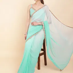 Sangria Turquoise Blue & Gold-Toned Ombre Pure Georgette Saree-picture-11