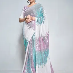 Mitera White & Pink Abstract Embellished Sequinned Pure Georgette Designer Saree-7