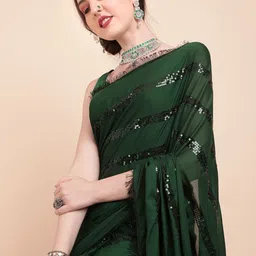 Sangria Green Striped Sequinned Pure Georgette Saree-picture-16