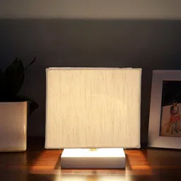 Devansh Off-White Cotton Square Table Lamp With Wood Base-27