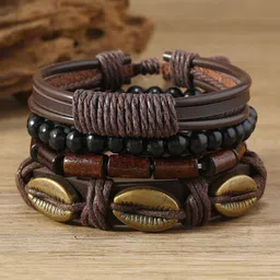 VIEN Men Set Of 4 Leather Multilayer Wraparound Bohemian Bracelet-62