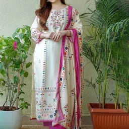 Sidhidata Women Floral Embroidered Regular Sequinned Kurti with Pyjamas & With Dupatta-54