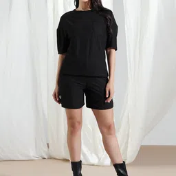 SZN Women Solid Black with T-shirt and Shorts Co-ord set-picture-37