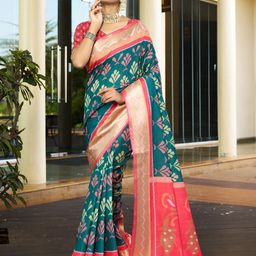 HERE&NOW Women Floral Printed Zari Pure Crepe Ikat Saree-55