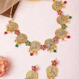 MANSIYAORANGE Gold Plated Dual Tone Faux Ruby & Pearl Studded Chocker and Earrings Set-image-66