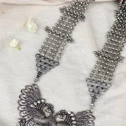TEEJH Women Silver-Toned & Silver-Plated Peacock Oxidized Long Necklace-image-18
