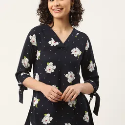 ZIZO By Namrata Bajaj Women Navy Blue & White Floral Print Peplum Top-image-74