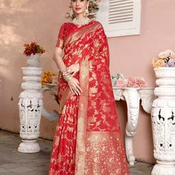 Anouk Red Floral Woven Design Zari Detailed Organza Saree-28