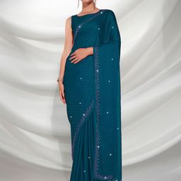 Mitera Teal Blue Embellished Beads & Stones Satin Saree-image-81
