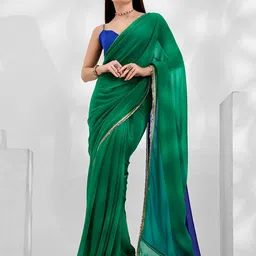 Mitera Green Colourblocked Pure Georgette Designer Saree-36