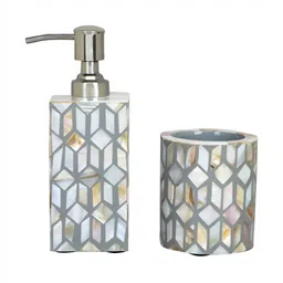 THE HOME CO. Grey 2 Pieces Geometric Printed Wooden Classic Bath Accessories Set-26