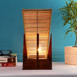 Devansh Beige Wooden Textured Contemporary Triangle Shaped Table Lamp-42