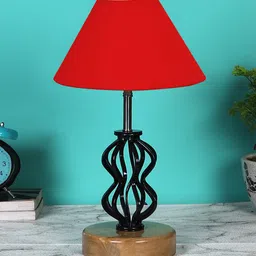 Devansh Red & Black Solid Table Lamp With Wood Base-17