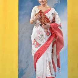 DESH BIDESH Ethnic Motifs Embroidered Pure Cotton Khadi Saree-image-95
