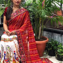 KALINI Red & Beige Bandhani pallu Embroidered Pure Georgette Half and Half Bandhani Saree-picture-25