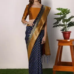 Anouk Blue & Mustard Yellow Ethnic Motifs Woven Design Zari Paithani Saree-52