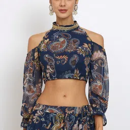 studio rasa Paisley Printed Cold-Shoulder Sleeves Sequinned Saree Blouse-29