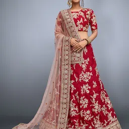 ODETTE Red & Cream-Coloured Embroidered Semi-Stitched Lehenga & Unstitched Blouse With Dupatta-picture-2