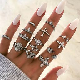 Yellow Chimes Set Of 14 Rhodium-Plated Silver-Toned & White Rhinestone-Studded Handcrafted Midi Finger Rings-image-33
