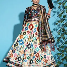 Kaizen TEXO FAB Cream-Coloured & Black Printed Semi-Stitched Lehenga & Blouse With Dupatta-picture-13