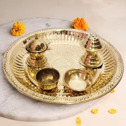 TIED RIBBONS Gold Toned Pooja Thali With Attached Incense Diya Tilak Holder-43