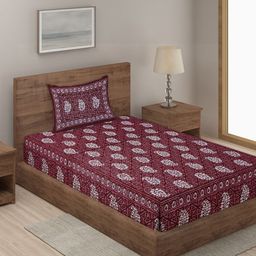 Rajasthan Decor Maroon Printed Cotton 144 TC Single Bedsheet With 1 Pillow Cover-image-52