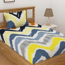 Florida Yellow & Blue Geometric 144 TC Single Bedsheet with 1 Pillow Covers-image-57
