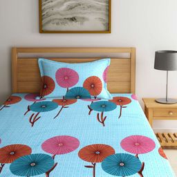 Arrabi Blue & Pink Floral 300 TC Fitted Single Bedsheet with 1 Pillow Cover-image-85