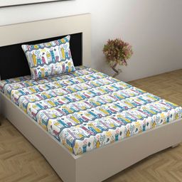 Divine Casa White & Blue Geometric 144 TC Single Bedsheet with 1 Pillow Covers-image-78