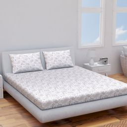 Himeya Grey & White Ethnic Motifs Cotton 120 TC Queen Bedsheet with 2 Pillow Covers-image-100