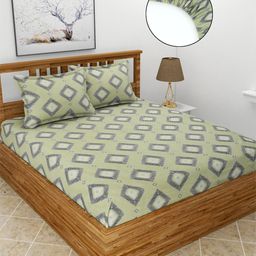 MORADO Green & Grey Ethnic Motifs 210 TC Fitted Queen Bedsheet With 2 Pillow Covers-image-52