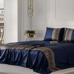 Stoa Paris Versailles Navy Blue & Red Striped 300 TC Queen Bedsheet with 2 Pillow Covers-image-11
