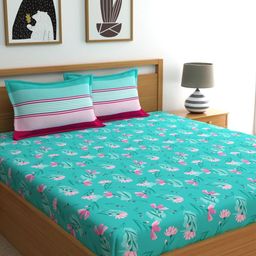 Dreamscape Blue Floral 144 TC Cotton 1 Queen Bedsheet with 2 Pillow Covers-image-67