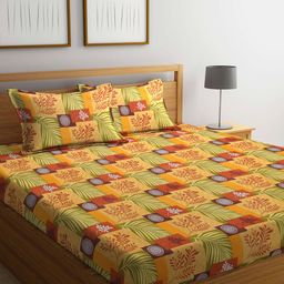 Dhrohar Yellow & Red Printed Cotton 240 TC Queen Bedsheet with 2 Pillow Covers-33