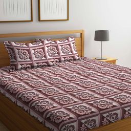 Dhrohar Brown & White Printed Cotton 240 TC Queen Bedsheet with 2 Pillow Covers-18