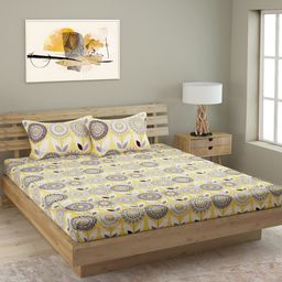 ROMEE Yellow & Grey Floral 250 TC Cotton 1 King Bedsheet with 2 Pillow Covers-image-99