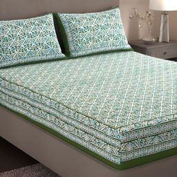 Homez Sparrow All Seasons Green Pure Cotton 160 TC King Bedsheet with 2 Pillow Covers-image-37