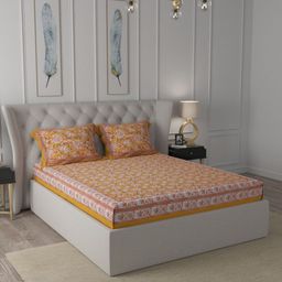 INDISTORI Teal & Red Ethnic Motifs 300 TC King Bedsheet with 2 Pillow Covers-1