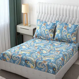 Furnistitchs Blue & Beige Printed Fitted 300 TC King Bedsheet With 2 Pillow Covers-image-98