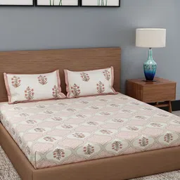 Rajasthan Decor Cream-Coloured & Pink Floral 180 TC Cotton 1 King Bedsheet with 2 Pillow Covers-image-14