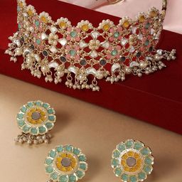 Zaveri Pearls Gold Plated Kundan Cluster Necklace With Earrings & Finger Ring-27