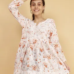 Syrish Floral Printed With Thread Work A-Line Cotton Kurti-picture-10