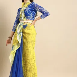 Sangria Mustard Yellow & Blue Pure Linen Striped Saree-picture-23